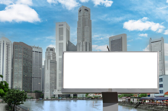 Billboard mockup outdoors. blank billboard for business advertisement with city singapore background. Blank Billboard Advertising Sign in Urban Cityscape
