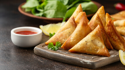 Fried samosas with vegetable filling, popular Indian snacks on wooden board