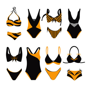 Women's swimsuit. A set of bathing clothes in black and yellow. Vector set