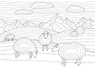 Sheep coloring feeding grass in a meadow in the mountains graphic black white sketch illustration vector