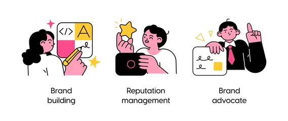 Strategies for Managing and Improving Brand Reputation - set of business concept illustrations. Brand building, reputation management, brand advocate. Visual stories collection.