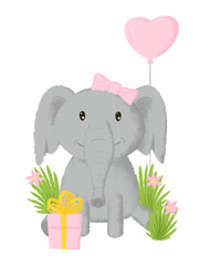 Cute elephant with a gift and a balloon in the grass with flowers.