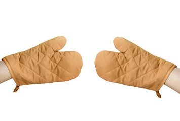 Hand with brown oven glove mitt isolated on white background