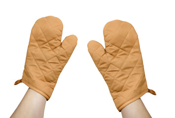 Hand with brown oven glove mitt isolated on white background