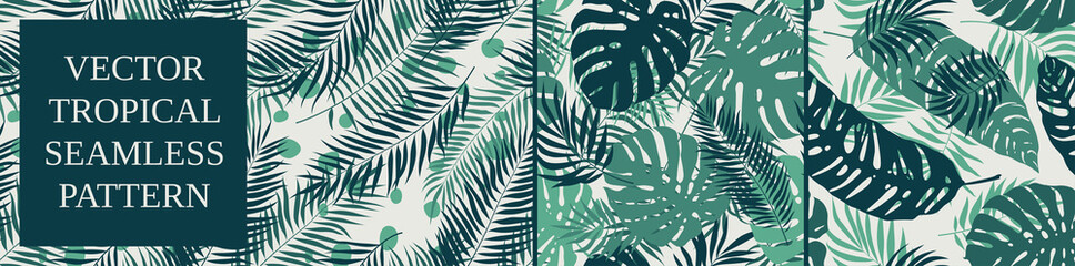 Set 3, Seamless patterns with tropical exotic plants, palm leaves and monstera, vector botany composition in green colors © max_776
