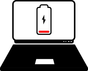 Laptop computer with low battery sign on screen, flat vector illustration