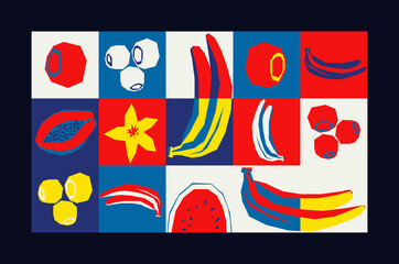 Geometric Pattern With Decorative Exotic Fruit Elements, Shapes.