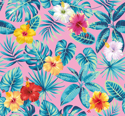 Tropical seamless pattern with palm leaves and exotic flowers. Floral summer design on a pink background. Vector illustration.