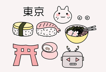 Vector Cute Kawaii Drawings Stickers. Set Of Doodles