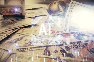 Double exposure of data theme drawing over us dollars bill background. Technology concept.
