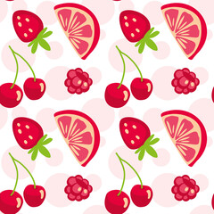 Different juicy fruits on red and pink colors gamma. Seamless pattern for for fabric, wrapping, textile, wallpaper, apparel. Vector.