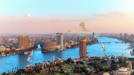 Aerial view on Cairo downtown, the Nile, skyscrapperts, bridges and sailboats, Egypt