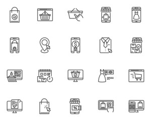 set of online shopping line icons, store, payment