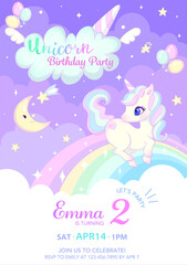 Unicorn Birthday invitation card design template with magical night sky. Rainbow, balloon, noon and star vector illustration.