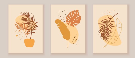 Creative art composition with natural simple hand drawn shapes and exotic leaves, monstera. Modern wall art, decoration, cover, brochure design. Warm earthy colors.