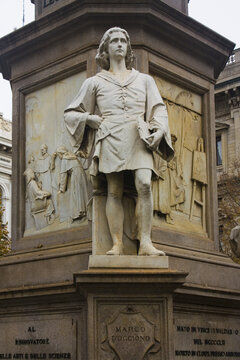 Fragment of a monument to Leonardo Da Vinci at Piazza della Scala in Milan