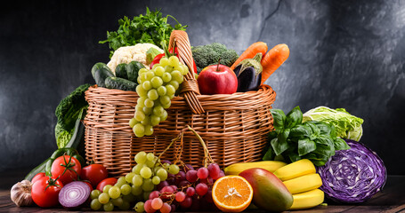 Composition with assorted organic vegetables and fruits