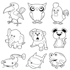 linear black and white drawing, funny cartoon animals, for a logo, children's coloring, sketch, blank, icons for design