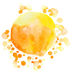 Yellow and orange drops watercolor splash. Round artwork texture.