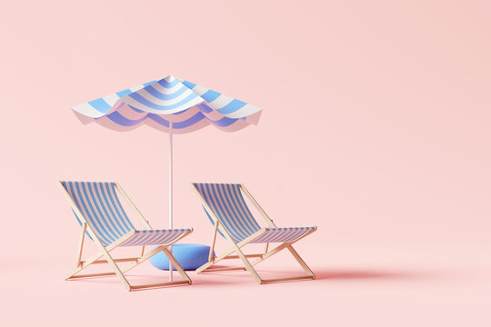 Beach umbrella with chairs on pink background. summer vacation concept. 3d rendering