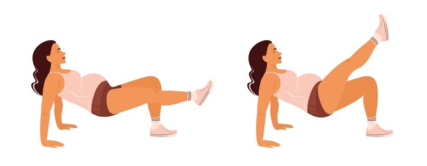 Pregnancy workout. Smiling pregnant woman doing leg exercise. Simple pregnancy exercises for every trimester. Isolated on a white background. Trendy hand-drawn vector flat cartoon illustration.