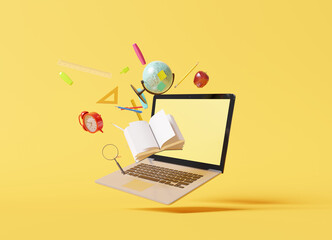 School supplies with laptop on blue background, Online education concept. 3d rendering - obrazy, fototapety, plakaty
