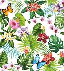 Fotobehang Tropical seamless pattern with palm leaves and exotic flowers. Floral summer design on a white background. Vector illustration. © Anna Sm