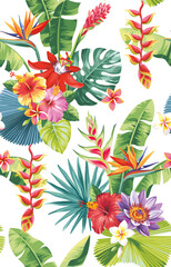 Tropical seamless pattern with palm leaves and exotic flowers. Floral summer design on a white background. Vector illustration.