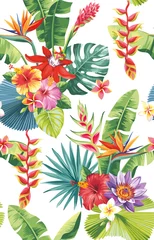 Fotobehang Tropical seamless pattern with palm leaves and exotic flowers. Floral summer design on a white background. Vector illustration. © Anna Sm