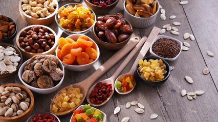 Composition with dried fruits and assorted nuts. Delicacies