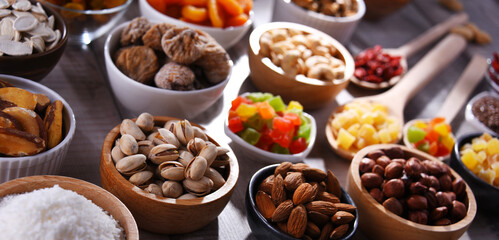 Composition with dried fruits and assorted nuts. Delicacies