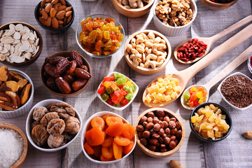 Composition with dried fruits and assorted nuts. Delicacies