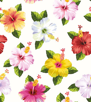 Tropical seamless pattern with exotic flowers. Floral summer design on a white background. Vector illustration.