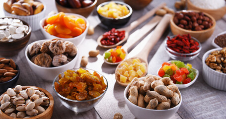 Composition with dried fruits and assorted nuts. Delicacies