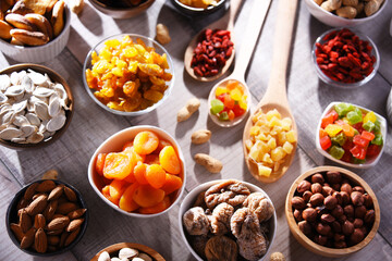 Composition with dried fruits and assorted nuts. Delicacies