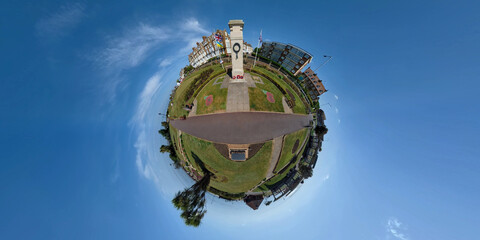 A tiny planet view of the War Memorial at Hunstanton in Norfolk, UK