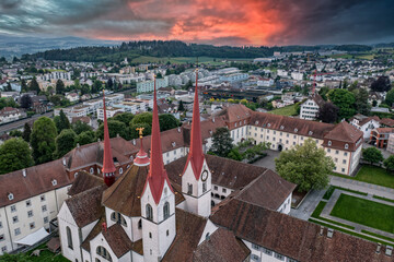 aerial view over a old swiss monastery 