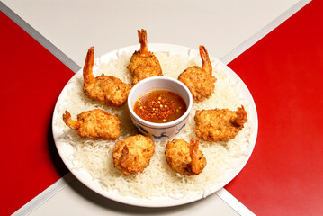 coconut shrimp with spicy sauce, coconut breaded shrimp, food