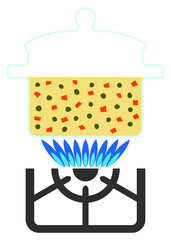Icon with a glass pot of soup that is heated on a burner