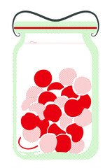 Glass jar with cherry compote and cherries inside