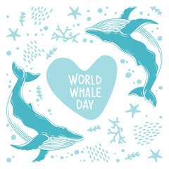 Whales are drawn in the style of linear art. Vector illustration with marine flora and fauna on a white background. Cetaceans with the inscription - World Whale Day