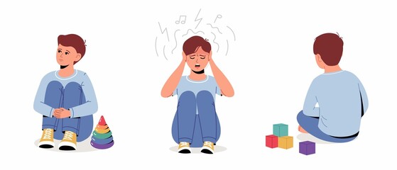 Autism, child stress, mental health. Set of unhappy sad teen boy sitting on floor, feeling depressed and lonely. Vector illustration collection isolated. 
