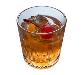 Old Fashioned Cocktail Cherry Orange Peel isolated on white background