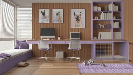 Pet friendly purple and wooden corner office, desk with computers, bookshelf, dog bed with gate. Window with sofa and parquet. Carpet with dog toys and dog treat bowl. Interior design