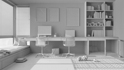 Total white project draft, pet friendly corner office, desk with computers, bookshelf, dog bed with gate. Window with sofa. Carpet with dog toys, dog treat bowl. Interior design idea