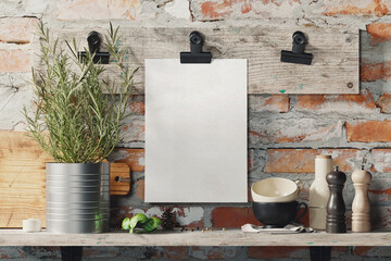 Hanging menu with binder clip vintage scene mockup. 3D rendering