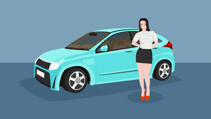 Plakat Female salesperson with electric car blue light color. Presentation in the showroom blue color. The car seen inside the car.