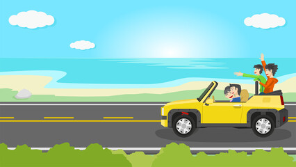 Fototapeta na wymiar Driving car yellow color off road open roof on asphalt road. Family trip with parents sit in front while children sit in the back with happy hands. background of beach and vast sea under the blue sky.