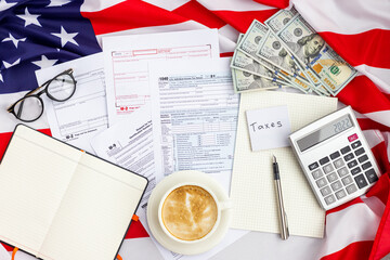 Flat lay of Individual income tax return form for tax payment on working desk. Background for Data analysis, paperwork, financial research, report. Calculation tax return in 2022