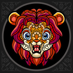 Colorful cute lion head cartoon zentangle arts. isolated on black background.